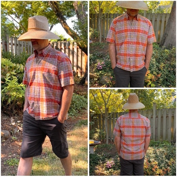 Orange check plaid geometric design short sleeve shirt by Tuttle Sportswear - Picture 7 of 16